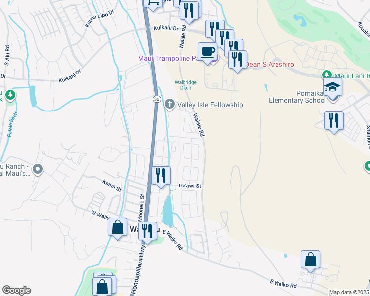 map of restaurants, bars, coffee shops, grocery stores, and more near 36 West Makaukau Loop in Wailuku