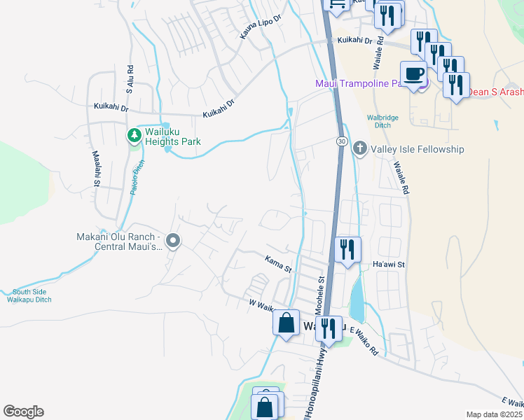 map of restaurants, bars, coffee shops, grocery stores, and more near 147 Mo'olu Circle in Wailuku