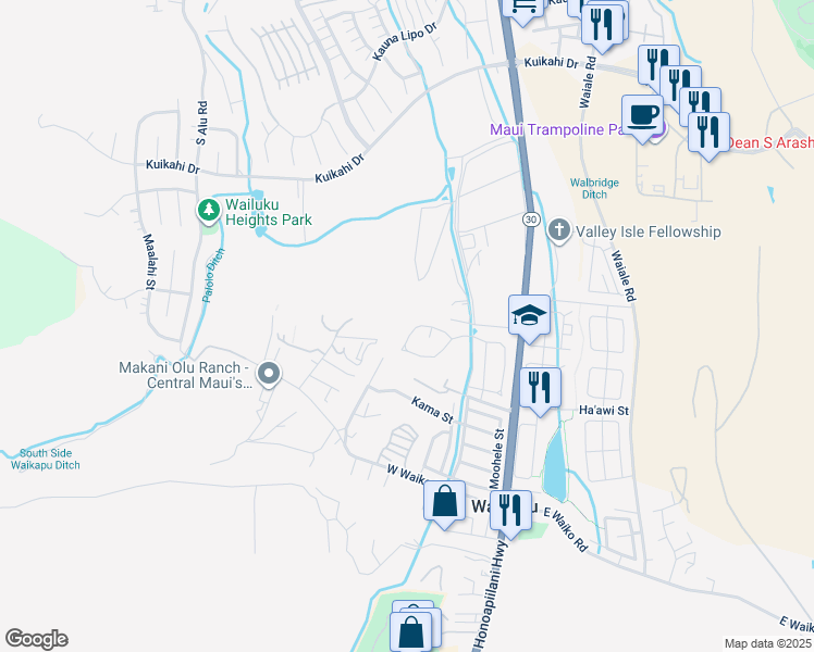 map of restaurants, bars, coffee shops, grocery stores, and more near 147 Mo'olu Circle in Wailuku
