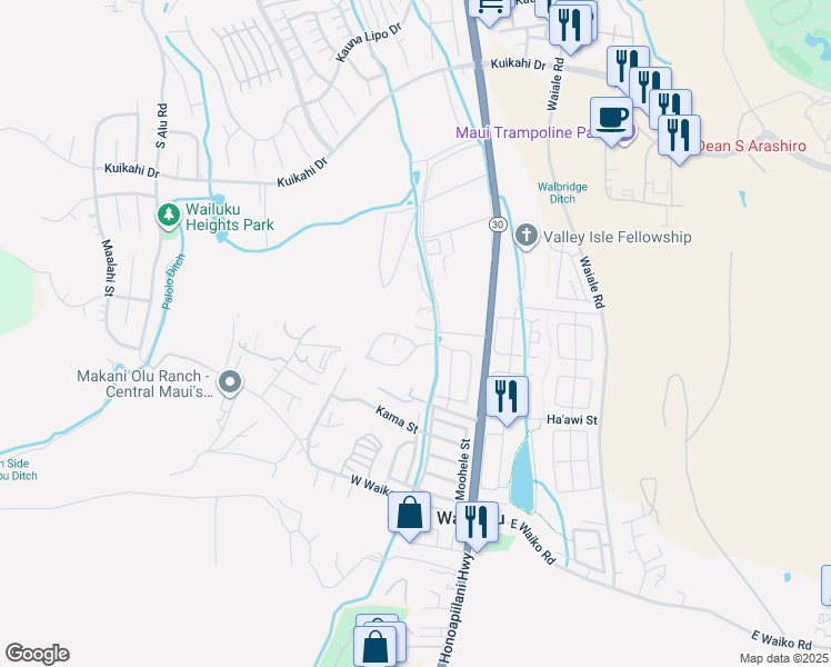 map of restaurants, bars, coffee shops, grocery stores, and more near 183 Mo'olu Circle in Wailuku