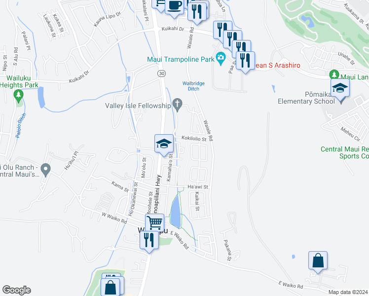 map of restaurants, bars, coffee shops, grocery stores, and more near 121 East Kanamele Loop in Wailuku