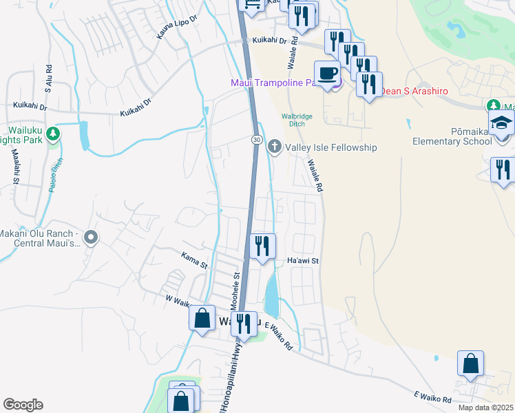 map of restaurants, bars, coffee shops, grocery stores, and more near 54 West Kanamele Loop in Wailuku