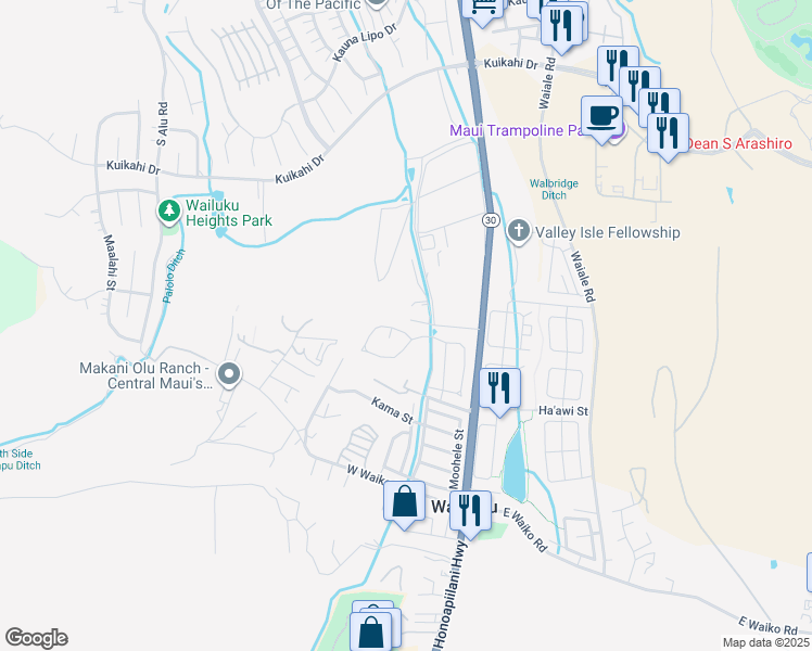 map of restaurants, bars, coffee shops, grocery stores, and more near 179 Mo'olu Circle in Wailuku
