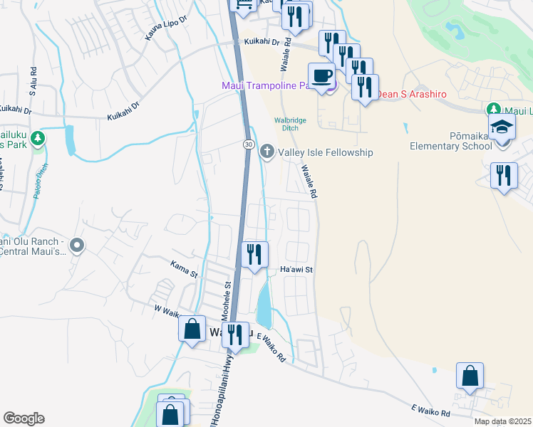 map of restaurants, bars, coffee shops, grocery stores, and more near 122 East Kanamele Loop in Wailuku
