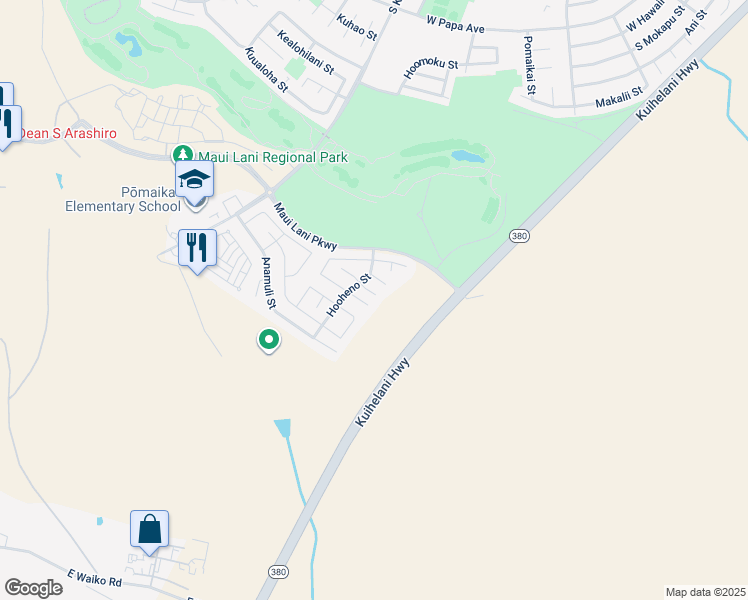 map of restaurants, bars, coffee shops, grocery stores, and more near 44 East Makahehi Loop in Kahului