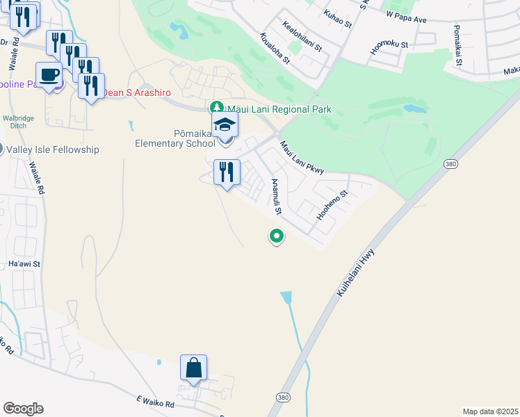 map of restaurants, bars, coffee shops, grocery stores, and more near 128 Kapela Place in Kahului