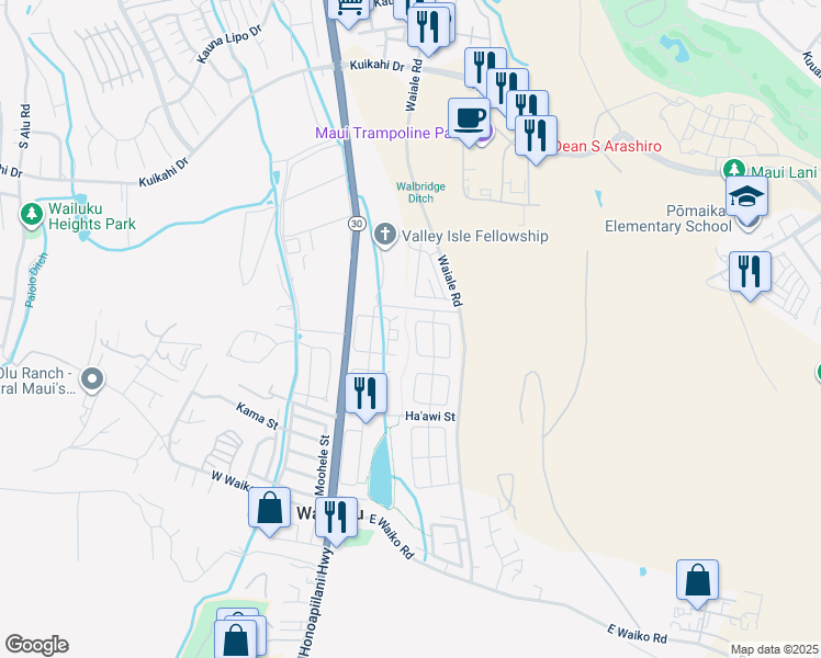 map of restaurants, bars, coffee shops, grocery stores, and more near 41 West Makaukau Loop in Wailuku