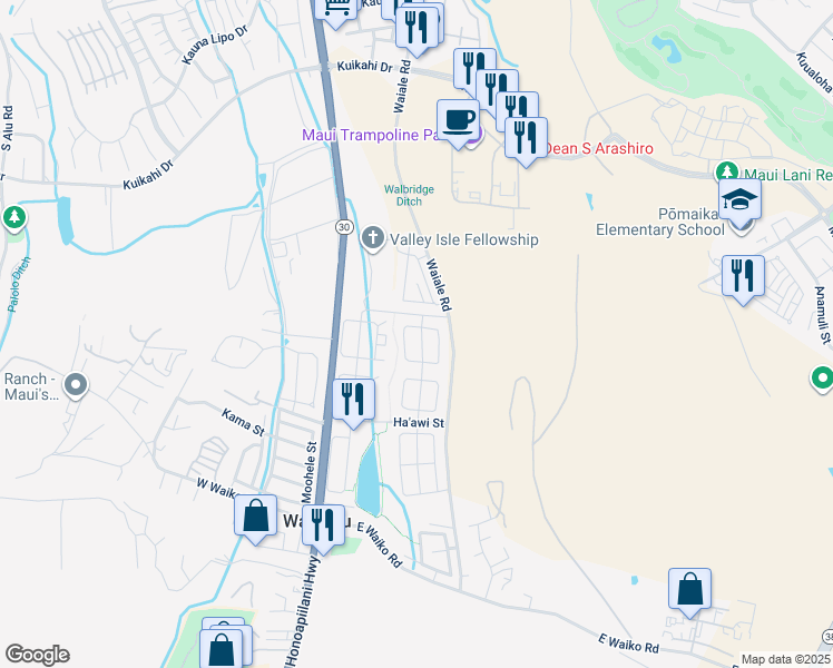 map of restaurants, bars, coffee shops, grocery stores, and more near 12 Kaikai Street in Wailuku