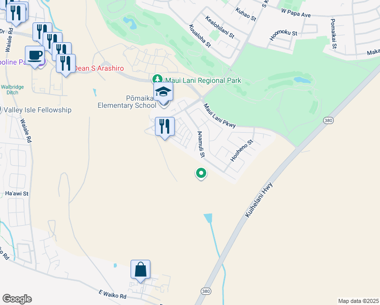 map of restaurants, bars, coffee shops, grocery stores, and more near 128 Kapela Place in Kahului