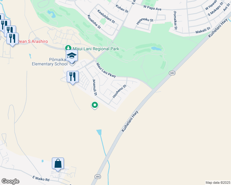 map of restaurants, bars, coffee shops, grocery stores, and more near 63 Molehulehu Loop in Kahului