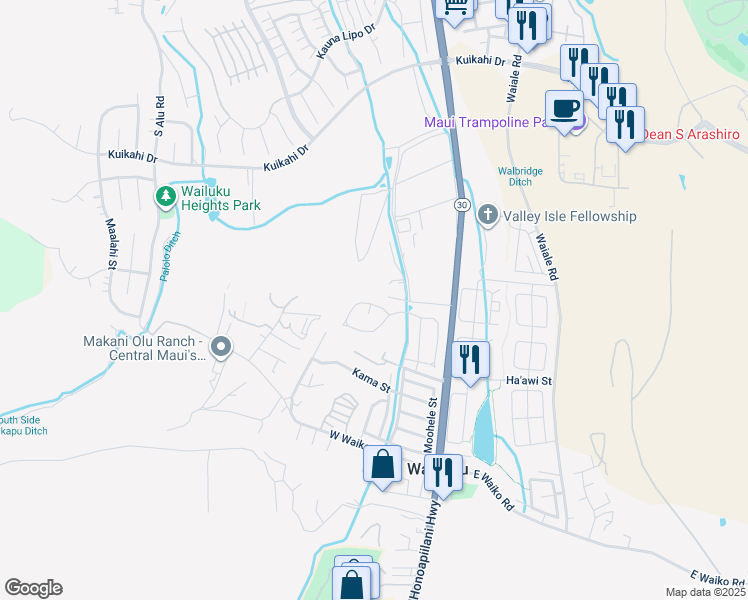 map of restaurants, bars, coffee shops, grocery stores, and more near 159 Mo'olu Circle in Wailuku