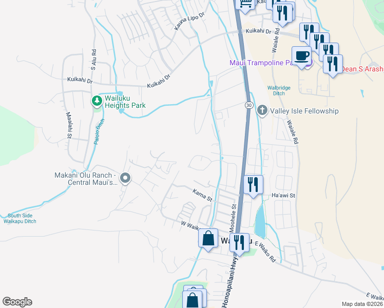 map of restaurants, bars, coffee shops, grocery stores, and more near 159 Mo'olu Circle in Wailuku