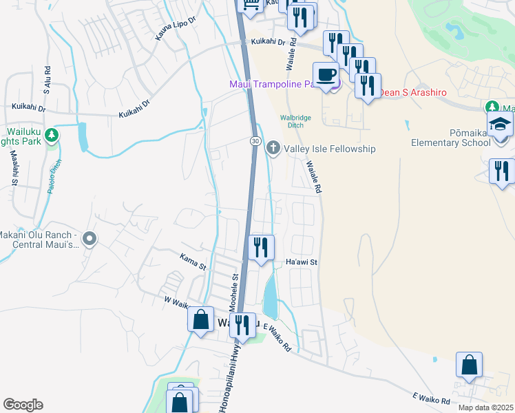 map of restaurants, bars, coffee shops, grocery stores, and more near 54 West Kanamele Loop in Wailuku