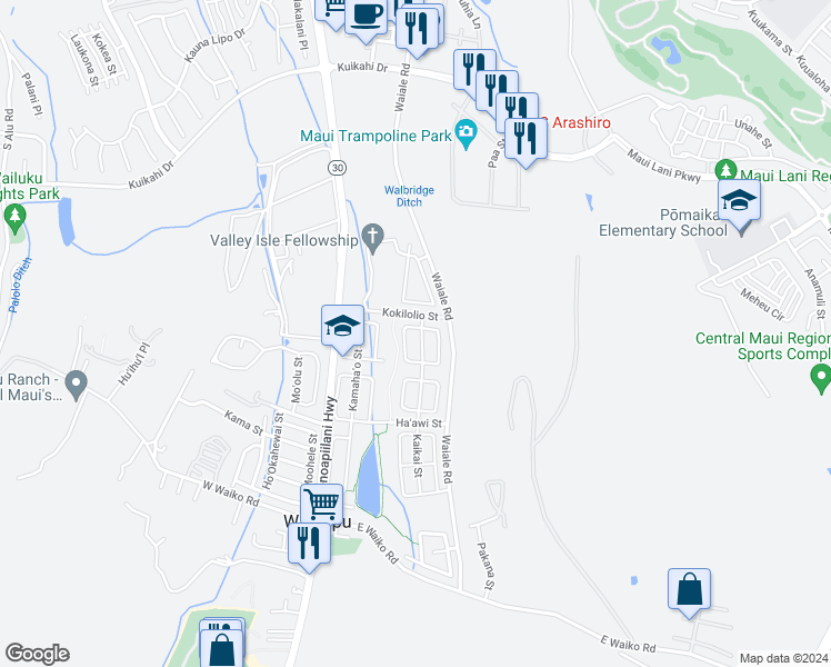 map of restaurants, bars, coffee shops, grocery stores, and more near 12 Kaikai Street in Wailuku