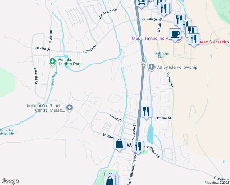 map of restaurants, bars, coffee shops, grocery stores, and more near 167 Mo'olu Circle in Wailuku