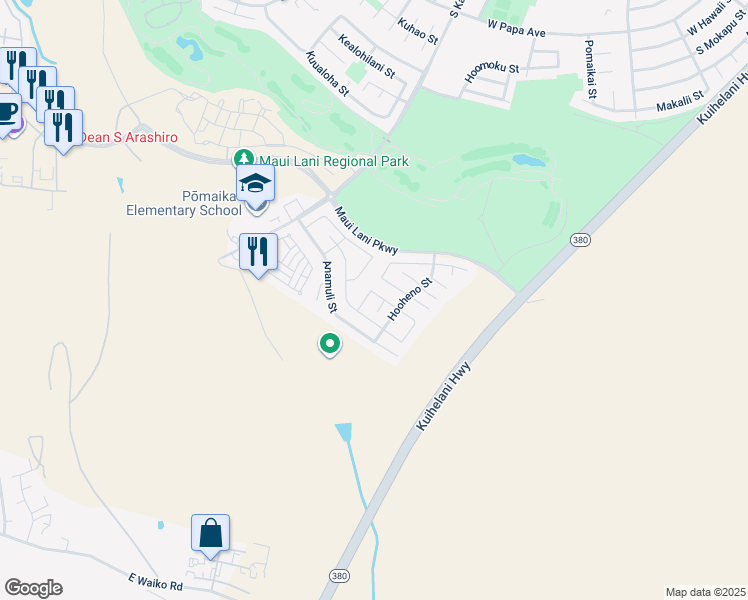map of restaurants, bars, coffee shops, grocery stores, and more near 38 Molehulehu Loop in Kahului