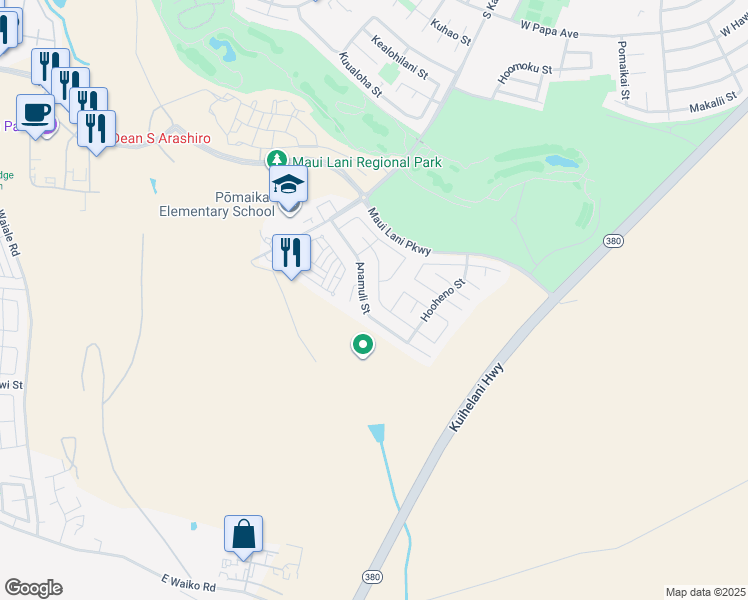 map of restaurants, bars, coffee shops, grocery stores, and more near 215 Molehulehu Street in Kahului