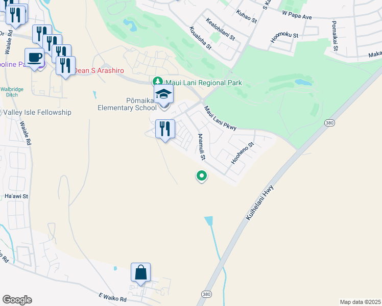 map of restaurants, bars, coffee shops, grocery stores, and more near 124 Kapela Place in Kahului