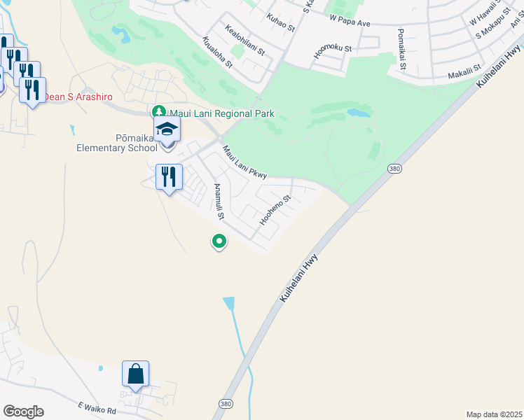 map of restaurants, bars, coffee shops, grocery stores, and more near 53 Molehulehu Loop in Kahului