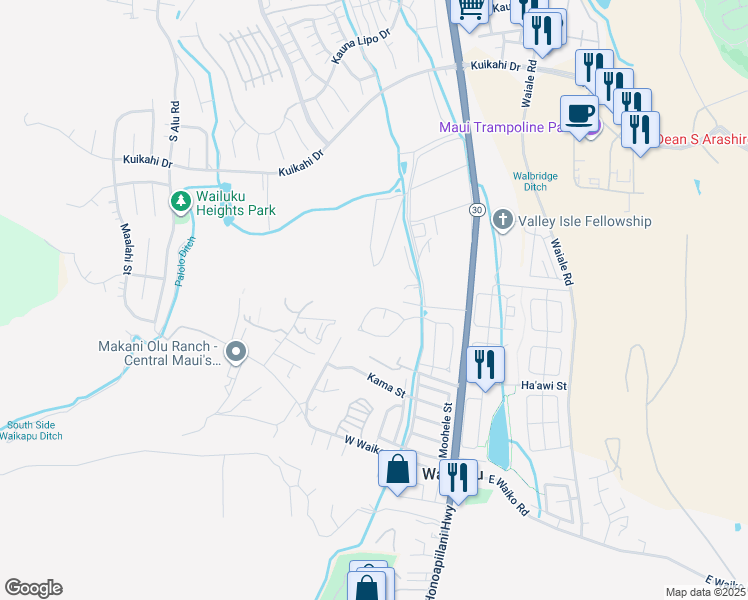 map of restaurants, bars, coffee shops, grocery stores, and more near 159 Mo'olu Circle in Wailuku