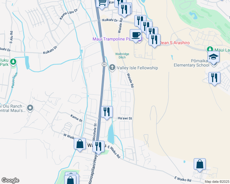 map of restaurants, bars, coffee shops, grocery stores, and more near 109 East Kanamele Loop in Wailuku