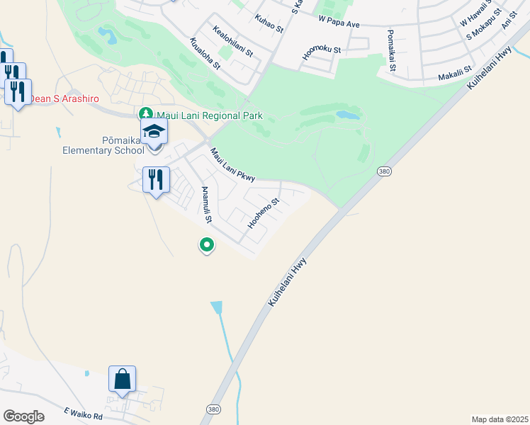 map of restaurants, bars, coffee shops, grocery stores, and more near Henohea Place in Kahului
