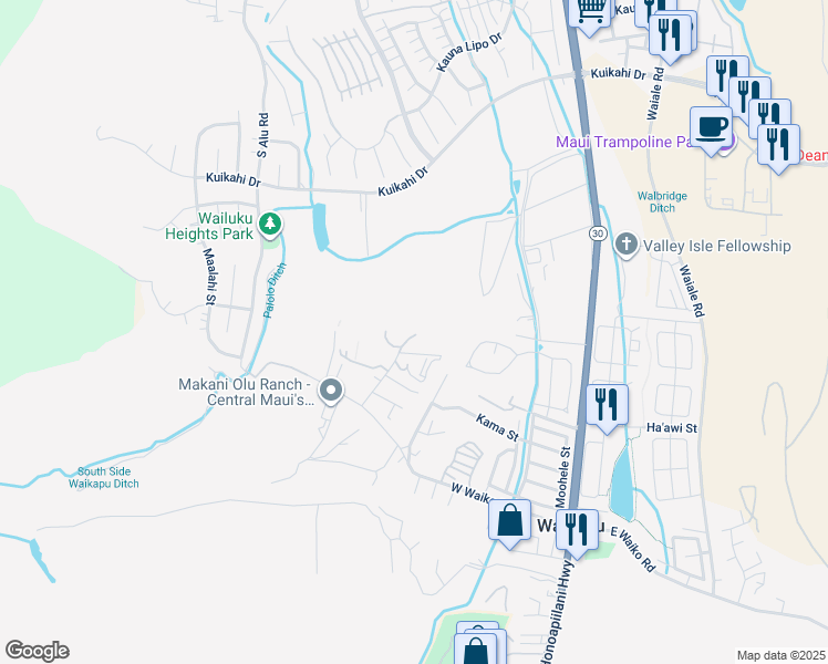 map of restaurants, bars, coffee shops, grocery stores, and more near 37 Hui Hui Place in Wailuku
