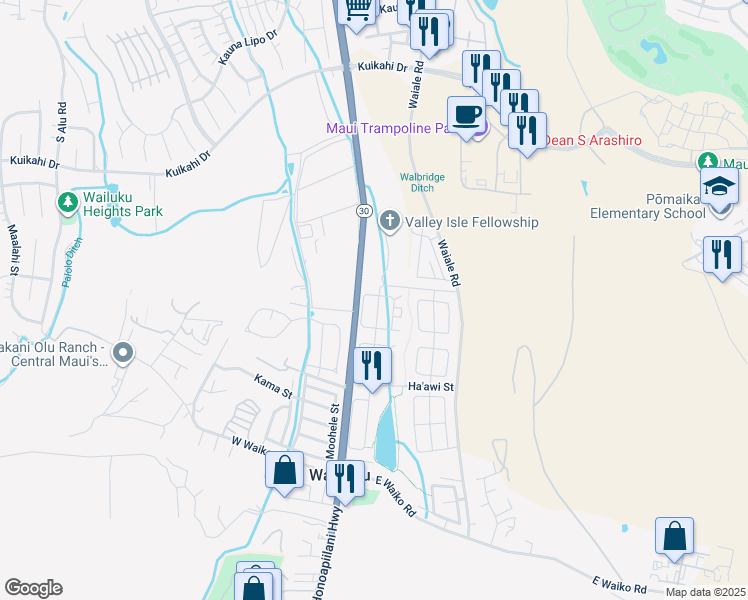map of restaurants, bars, coffee shops, grocery stores, and more near 62 West Kanamele Loop in Wailuku