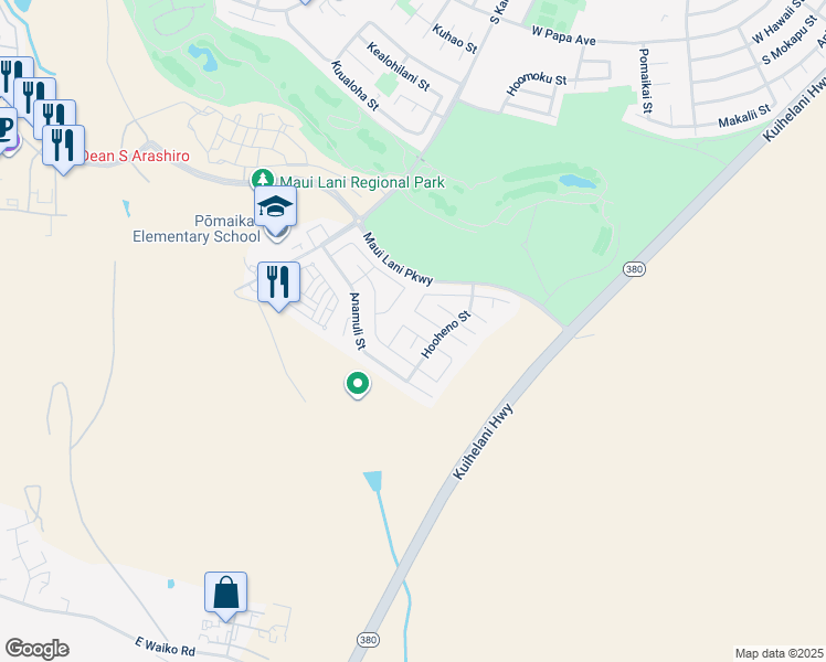 map of restaurants, bars, coffee shops, grocery stores, and more near 43 Molehulehu Loop in Kahului