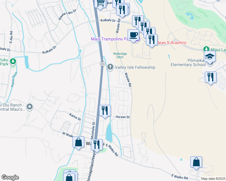 map of restaurants, bars, coffee shops, grocery stores, and more near 109 East Kanamele Loop in Wailuku