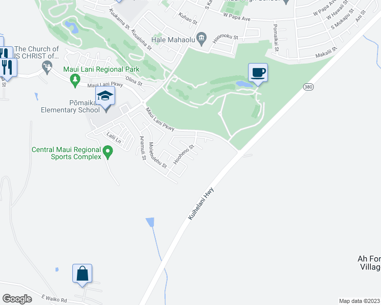 map of restaurants, bars, coffee shops, grocery stores, and more near 20 East Makahehi Loop in Kahului