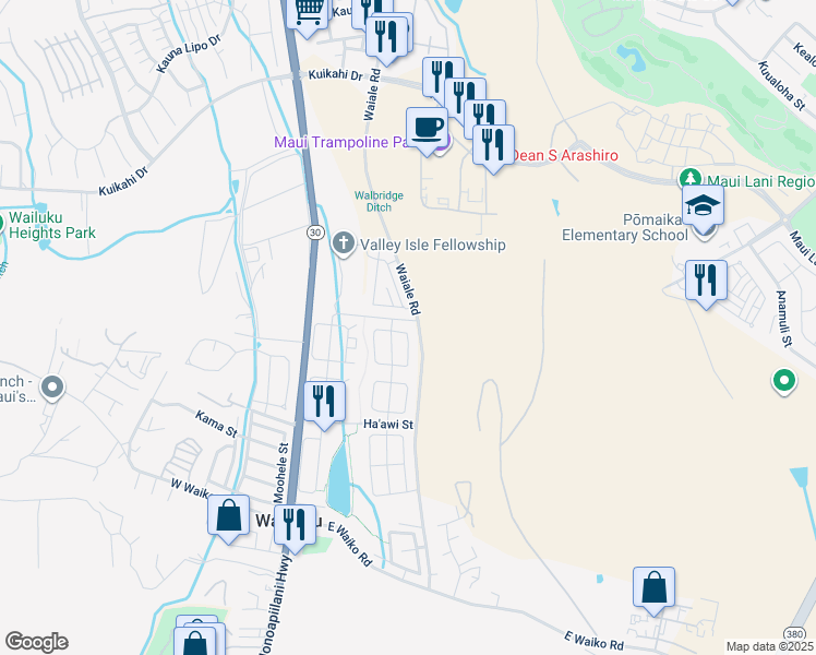 map of restaurants, bars, coffee shops, grocery stores, and more near 95 East Makaukau Loop in Wailuku