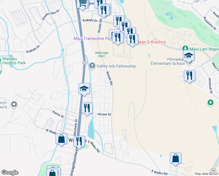 map of restaurants, bars, coffee shops, grocery stores, and more near 95 East Makaukau Loop in Wailuku