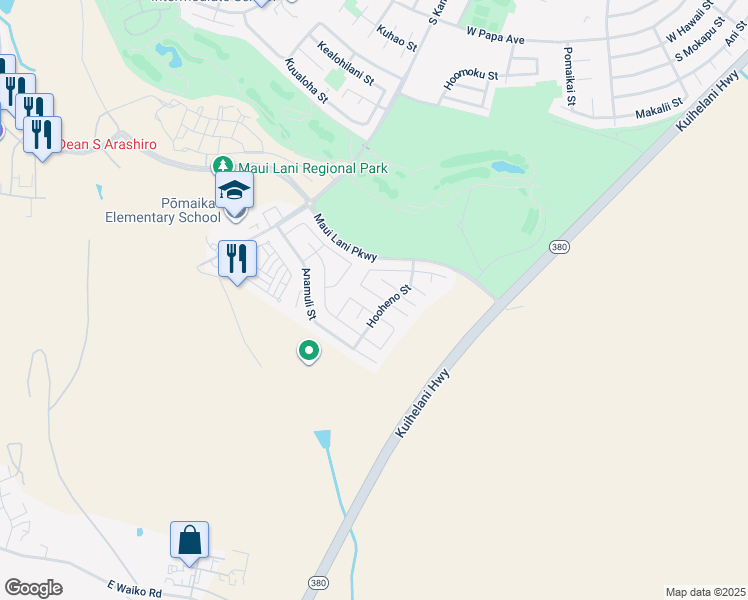 map of restaurants, bars, coffee shops, grocery stores, and more near 118 Papahi Loop in Kahului