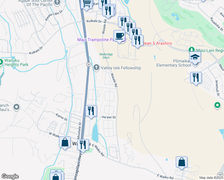 map of restaurants, bars, coffee shops, grocery stores, and more near 87 East Makaukau Loop in Wailuku