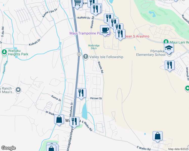 map of restaurants, bars, coffee shops, grocery stores, and more near 65 West Makaukau Loop in Wailuku