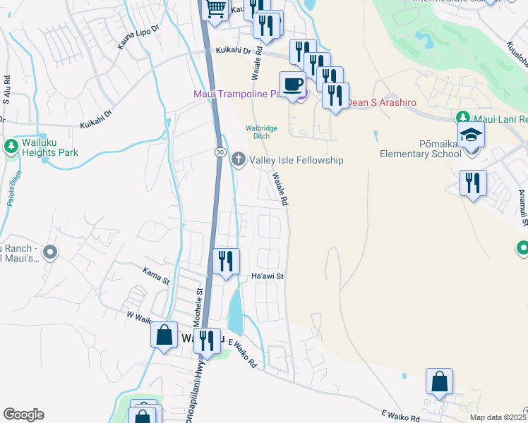 map of restaurants, bars, coffee shops, grocery stores, and more near 65 West Makaukau Loop in Wailuku