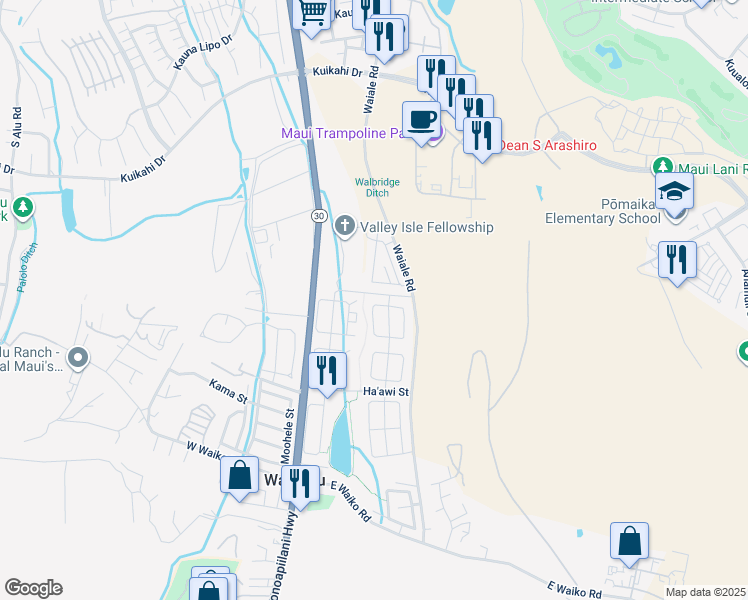 map of restaurants, bars, coffee shops, grocery stores, and more near 57 West Makaukau Loop in Wailuku