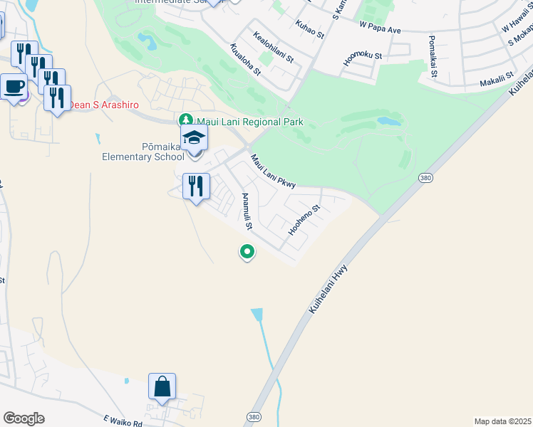 map of restaurants, bars, coffee shops, grocery stores, and more near 109 Hoku Puhipaka Street in Kahului