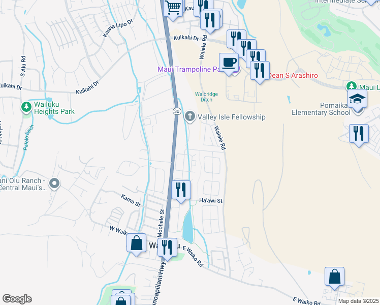 map of restaurants, bars, coffee shops, grocery stores, and more near 89 East Kanamele Loop in Wailuku