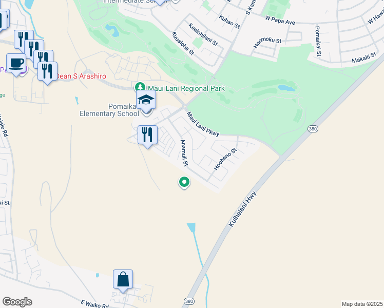 map of restaurants, bars, coffee shops, grocery stores, and more near Molehulehu Street in Kahului