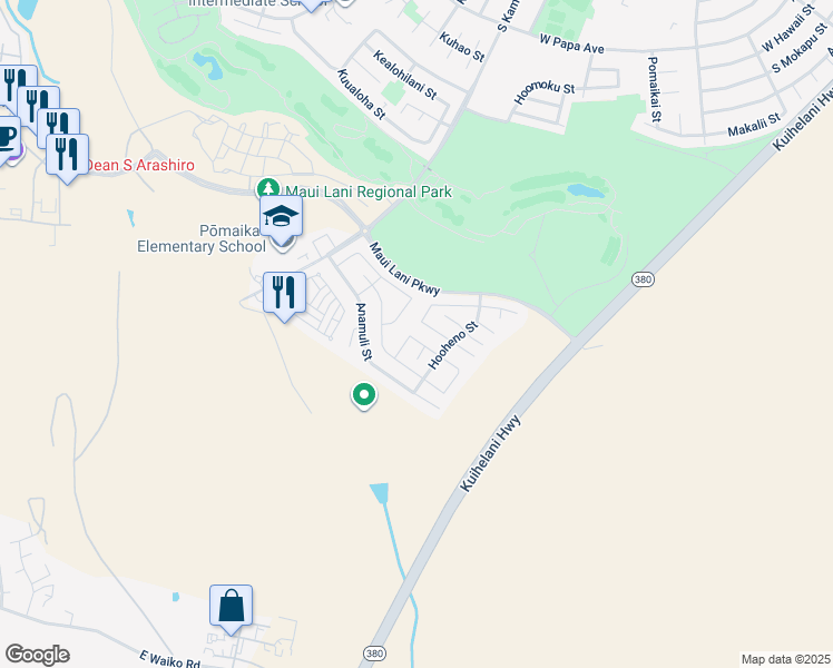 map of restaurants, bars, coffee shops, grocery stores, and more near 35 Molehulehu Loop in Kahului
