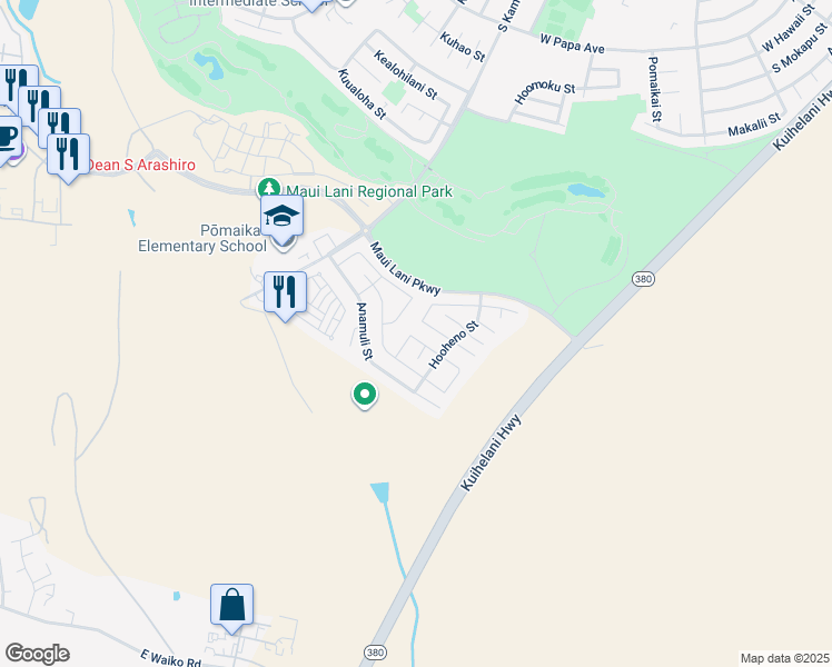 map of restaurants, bars, coffee shops, grocery stores, and more near 35 Molehulehu Loop in Kahului