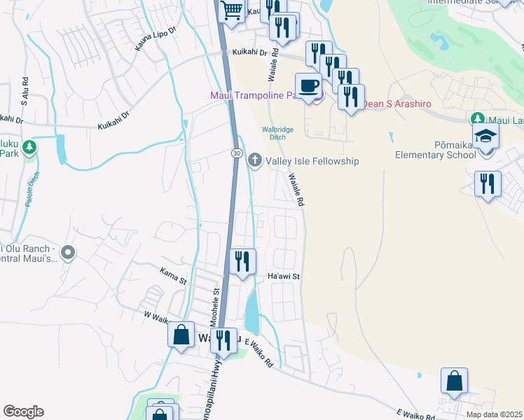 map of restaurants, bars, coffee shops, grocery stores, and more near 101 East Kanamele Loop in Wailuku