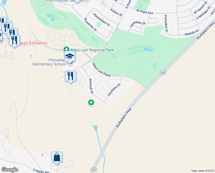 map of restaurants, bars, coffee shops, grocery stores, and more near 102 Papahi Loop in Kahului