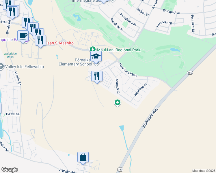 map of restaurants, bars, coffee shops, grocery stores, and more near 106 Meheu Circle in Kahului