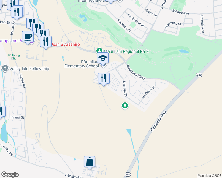 map of restaurants, bars, coffee shops, grocery stores, and more near 127 Meheu Circle in Kahului