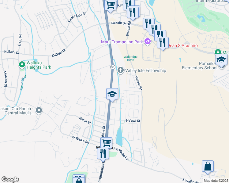 map of restaurants, bars, coffee shops, grocery stores, and more near 71 West Kanamele Loop in Wailuku