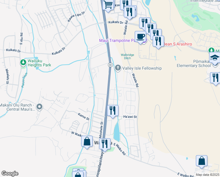 map of restaurants, bars, coffee shops, grocery stores, and more near 63 West Kanamele Loop in Wailuku