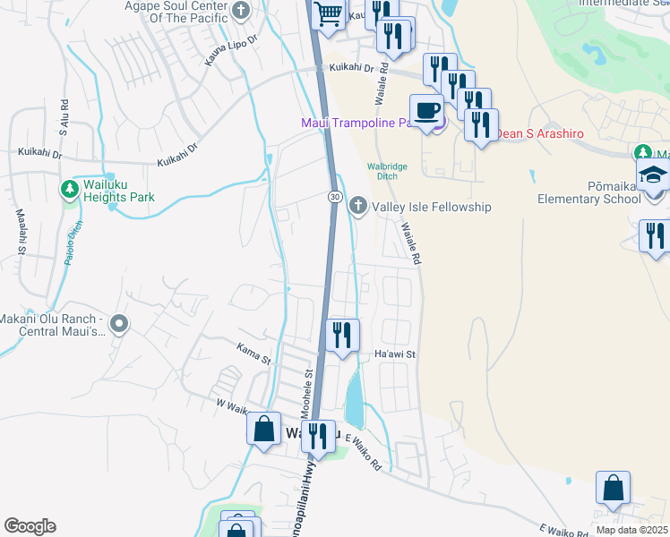 map of restaurants, bars, coffee shops, grocery stores, and more near 63 West Kanamele Loop in Wailuku